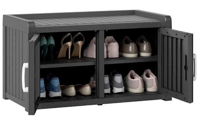 Black Storage Bench, Waterproof UV-Resistant Outdoor Shoe Storage Cabinet
