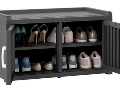 Black Storage Bench, Waterproof UV-Resistant Outdoor Shoe Storage Cabinet
