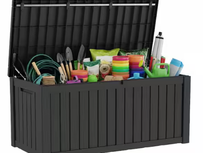 New - 120 Gallon Wood Grain Style Lockable Deck Box. Black and Grey