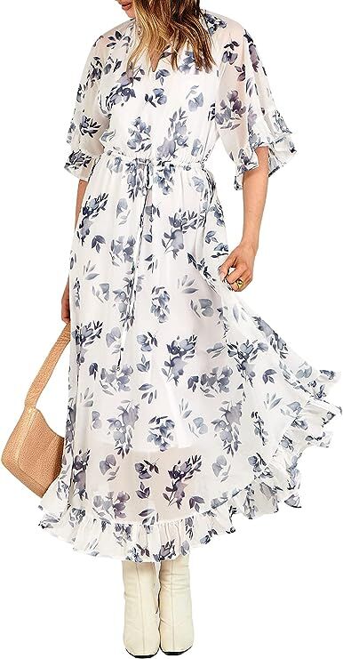 ANRABESS Women's Summer Ruffle Maxi Dress Floral Print 3/4 Bell Sleeve V Neck Hi