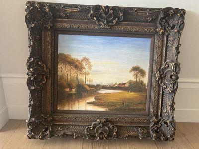 Large 38x34" European Pastoral Landscape Oil Painting in Ornate Baroque-Style Frame