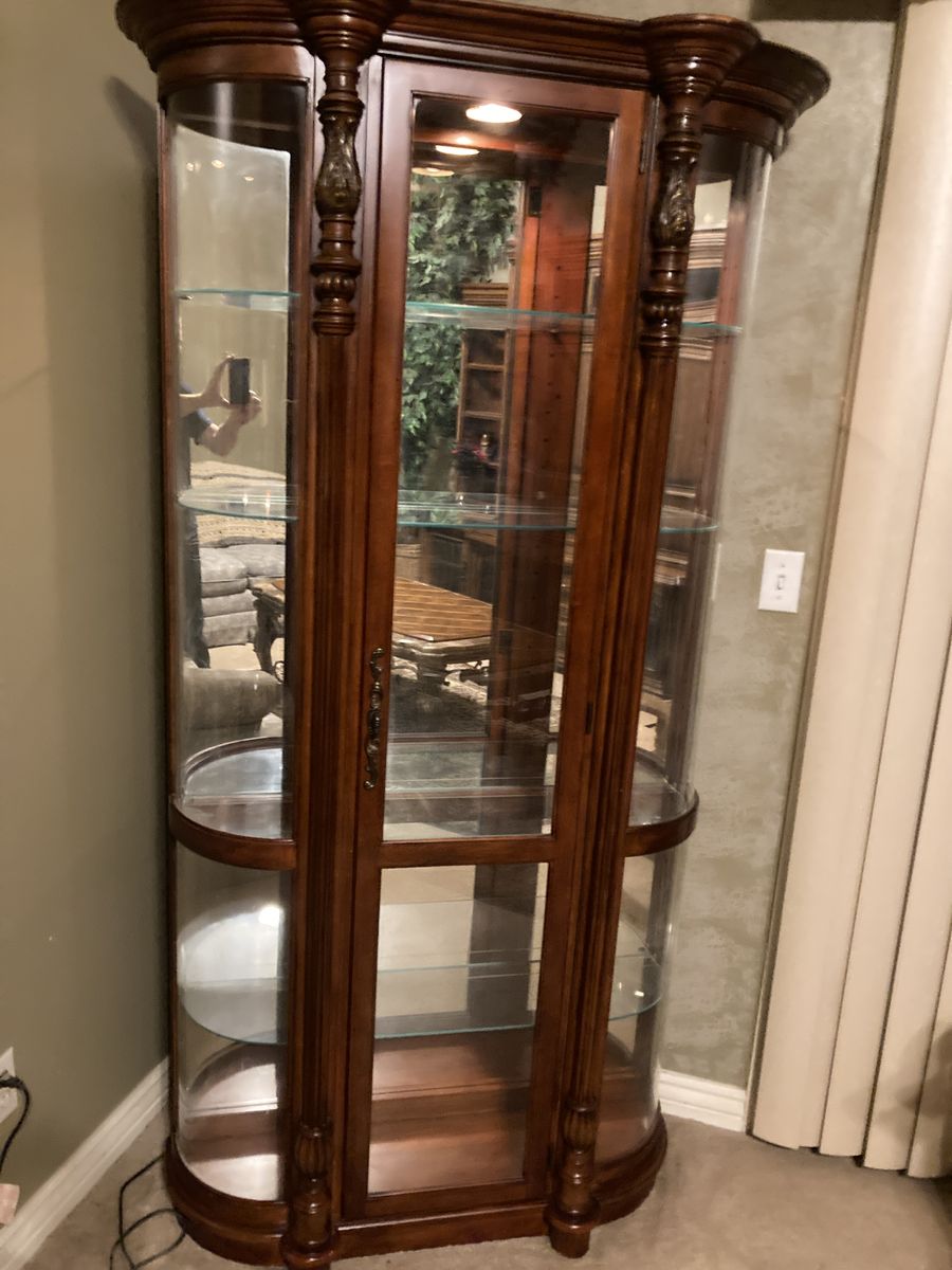 Pulaski Empire Style Cherry Wood Large Bowed Glass Display Curio Cabinet With Interior Lighting