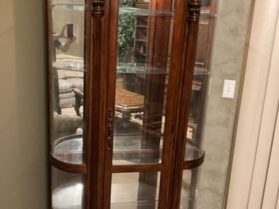 Pulaski Empire Style Cherry Wood Large Bowed Glass Display Curio Cabinet With Interior Lighting