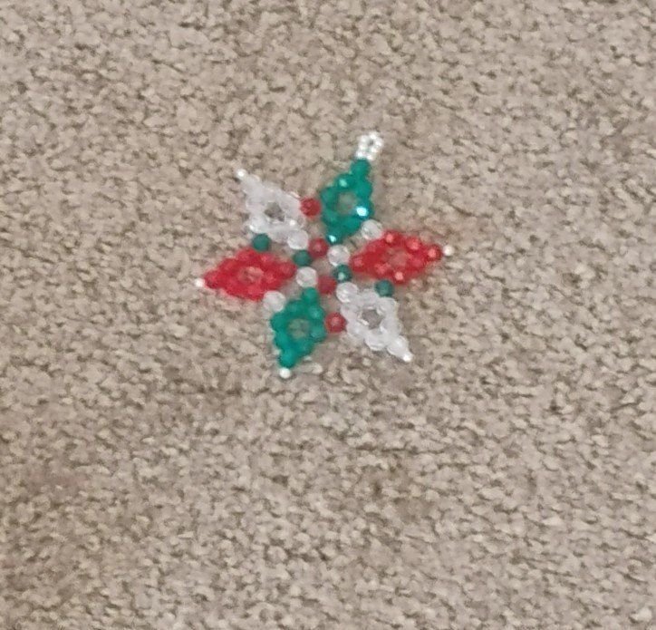 Handmade Beaded Christmas Snowflake Ornament - Red, White, Green Festive Holiday Decor