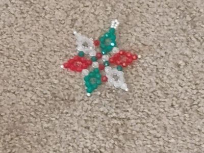Handmade Beaded Christmas Snowflake Ornament - Red, White, Green Festive Holiday Decor
