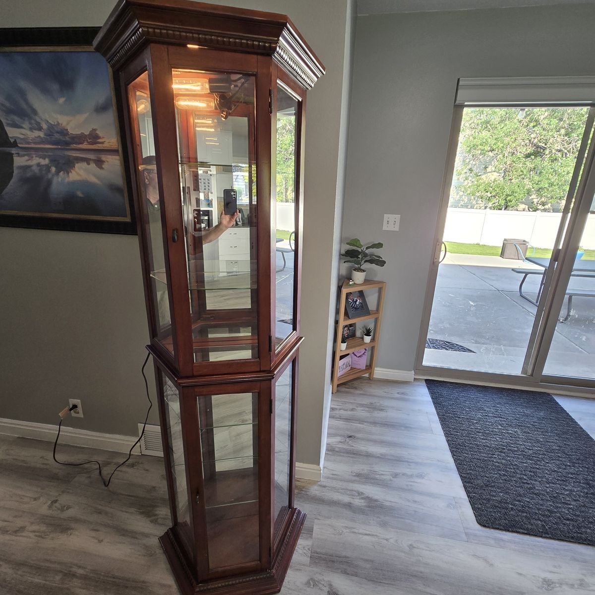 Large Wooden Corner Curio Cabinet with Glass Shelves and Interior Lighting, Display Case