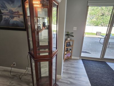 Large Wooden Corner Curio Cabinet with Glass Shelves and Interior Lighting, Display Case