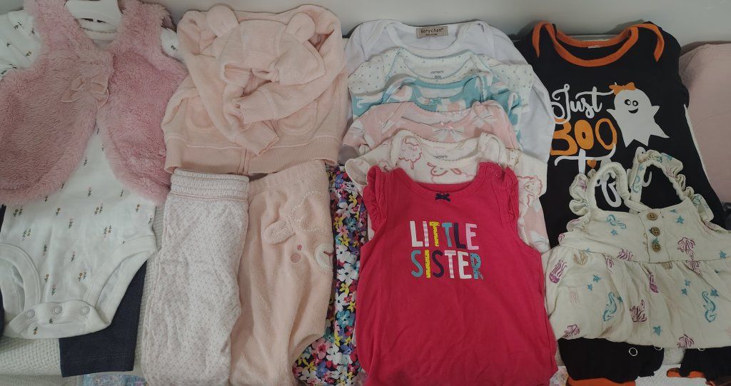 Mixed Lot Baby Girl Clothes - Sleepers, Onesies, Outfits 3-6 and 6 months. 50 pieces