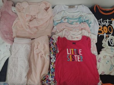 Mixed Lot Baby Girl Clothes - Sleepers, Onesies, Outfits 3-6 and 6 months. 50 pieces
