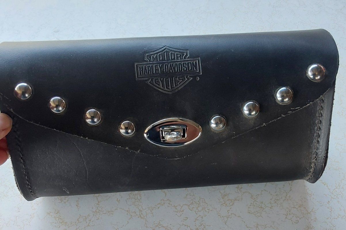 Harley-Davidson Black Leather Motorcycle Tool Bag with Studs and Embossed Logo
