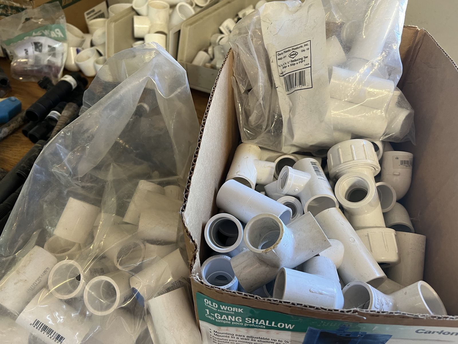 Big collection of drip irrigation, sprinkler accessories, PVC fittings, valves, heads, and irrigation tools