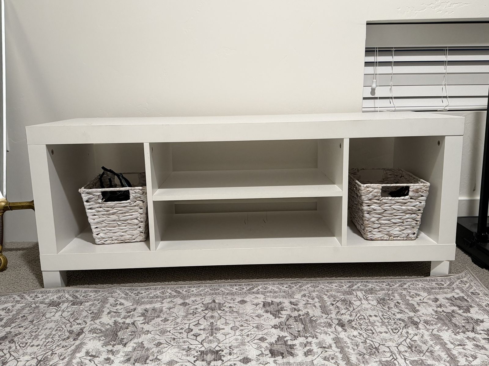 White TV Stand Media Console with Storage Cubbies and Baskets