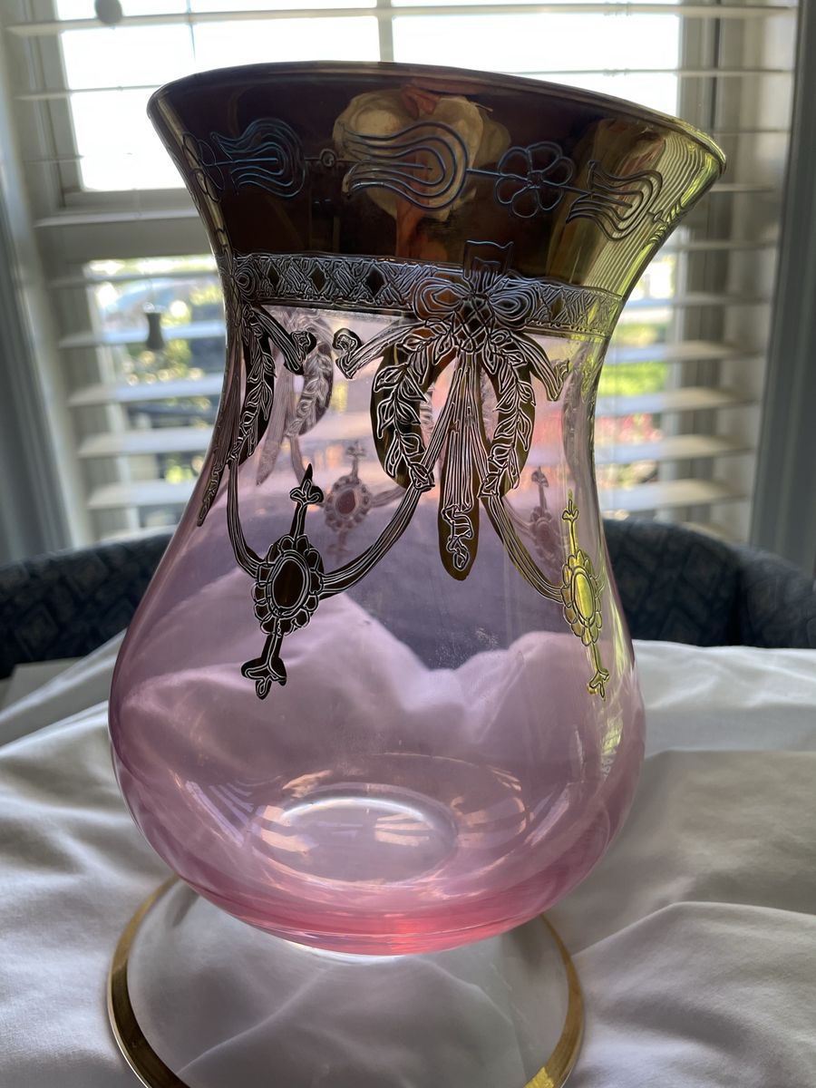 Antique Pink Glass Gold Enamel Hand-Painted Vase Victorian Art Nouveau Decor