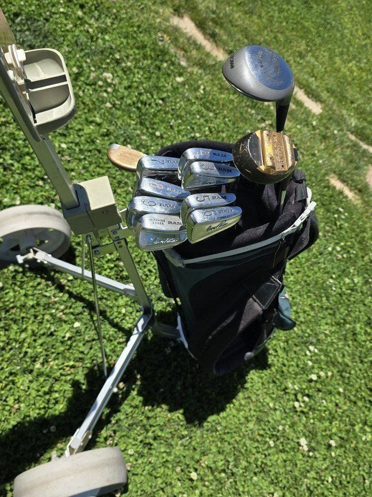 VINTAGE GARY PLAYER RAM "FULLBACK" RIGHT HAND GOLF SET w/ FOLDABLE CADDY( SAVES YOUR BACK & MONEY!) OGIO GOLF BAG GREAT CONDITIO