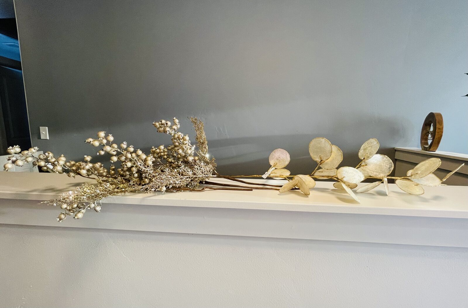 4 piece gold faux floral stem bundle- 1 new Pier 1 gold tall capiz stem, 3 tall gold holiday berry stems-$10 for 4