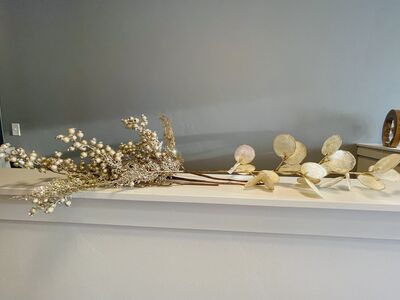 4 piece gold faux floral stem bundle- 1 new Pier 1 gold tall capiz stem, 3 tall gold holiday berry stems-$10 for 4