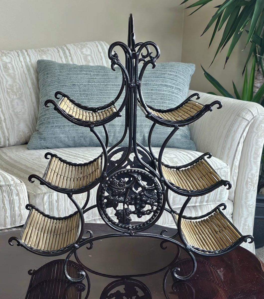Vintage Metal and Bamboo 6-Bottle Countertop Wine Rack with Grape Motif  and Handle on Top 17.5"Tx16.5"W 