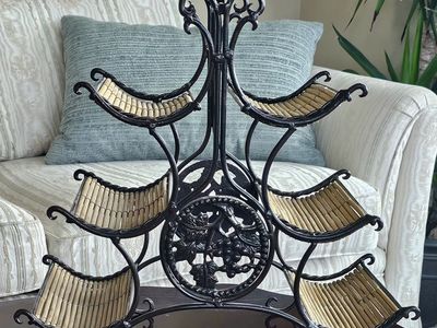 Vintage Metal and Bamboo 6-Bottle Countertop Wine Rack with Grape Motif and Handle on Top 17.5"Tx16.5"W