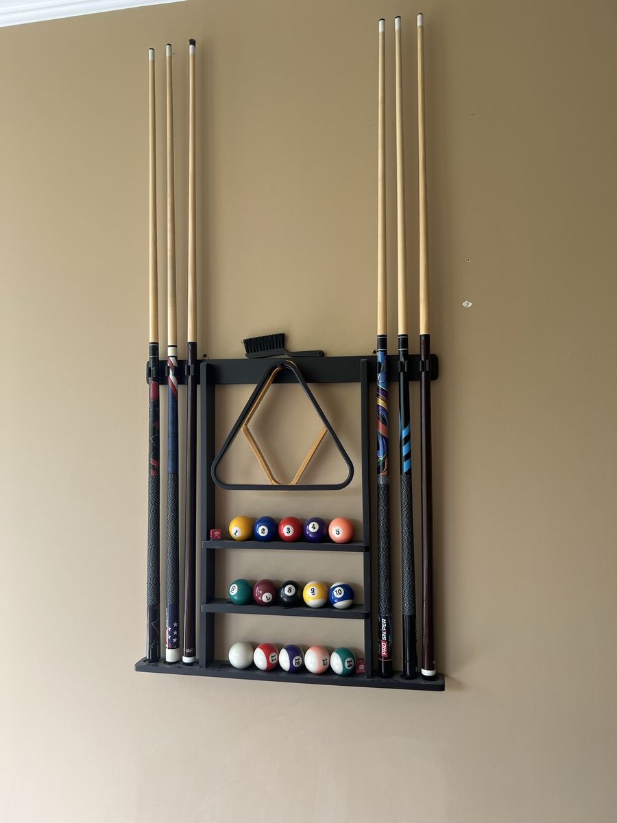 Billiards Pool Balls Sticks and Stand 