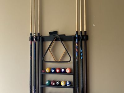 Billiards Pool Balls Sticks and Stand