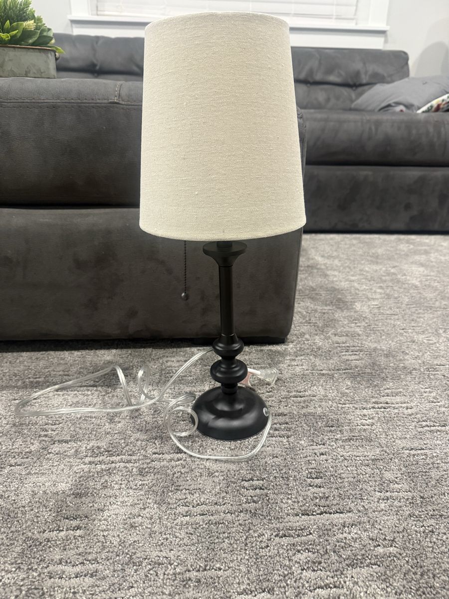 Black Metal Table Lamp with Beige Fabric Shade