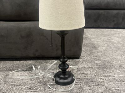 Black Metal Table Lamp with Beige Fabric Shade