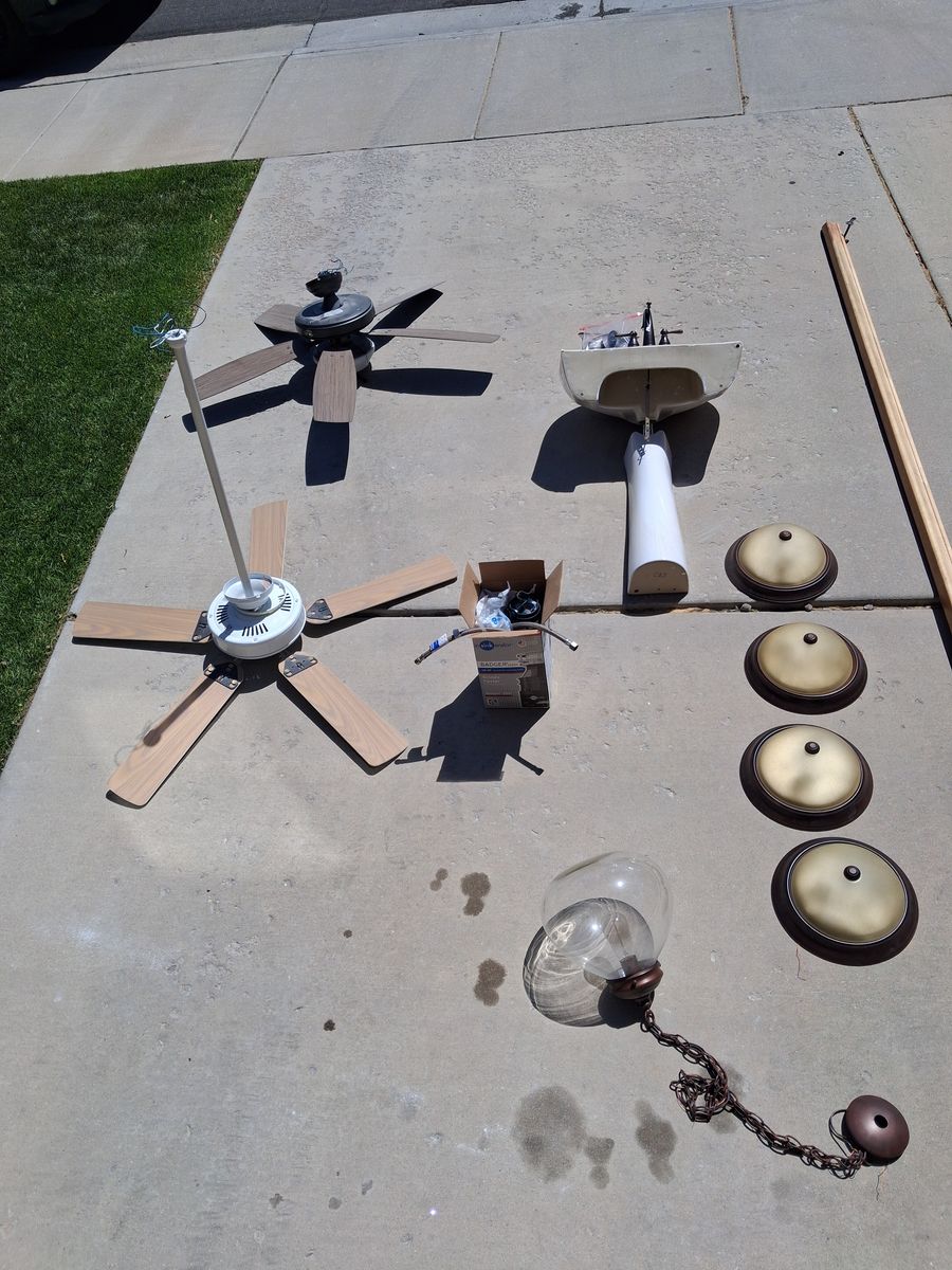 FREE STUFF - 2 Fans, Garbage Disposal, Pedestal Sink with Faucet, 4 Lights, 1 chandelier, Bathroom Fixtures - Everything Works