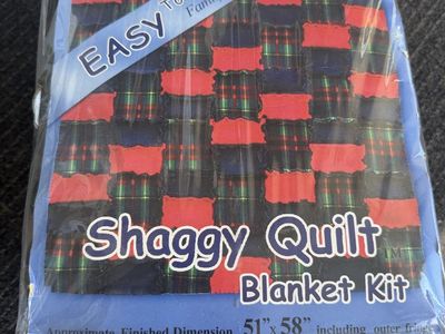 Easy to Make Shaggy Quilt Blanket Kit 51" x 58" Plaid Red Navy