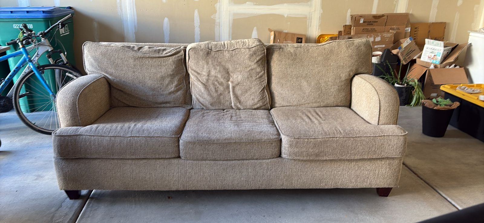 Comfortable 3-Seater Fabric Sofa - Neutral Beige/Tan Couch with Rolled Arms & Wood Legs