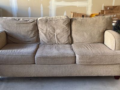 Comfortable 3-Seater Fabric Sofa - Neutral Beige/Tan Couch with Rolled Arms & Wood Legs