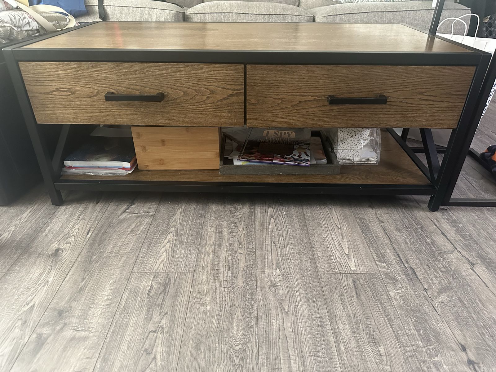 Modern Industrial Coffee Table with Storage Drawers – Wood & Black Metal