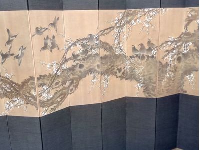Antique Joseon Dynasty Korean Folding Screen Folding Painting Birds & Blossoms