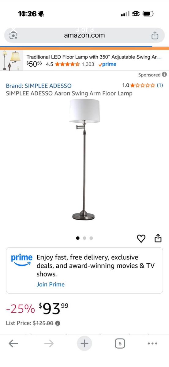 Swing Arm Floor Lamp - Adjustable LED, Brushed Steel Finish
