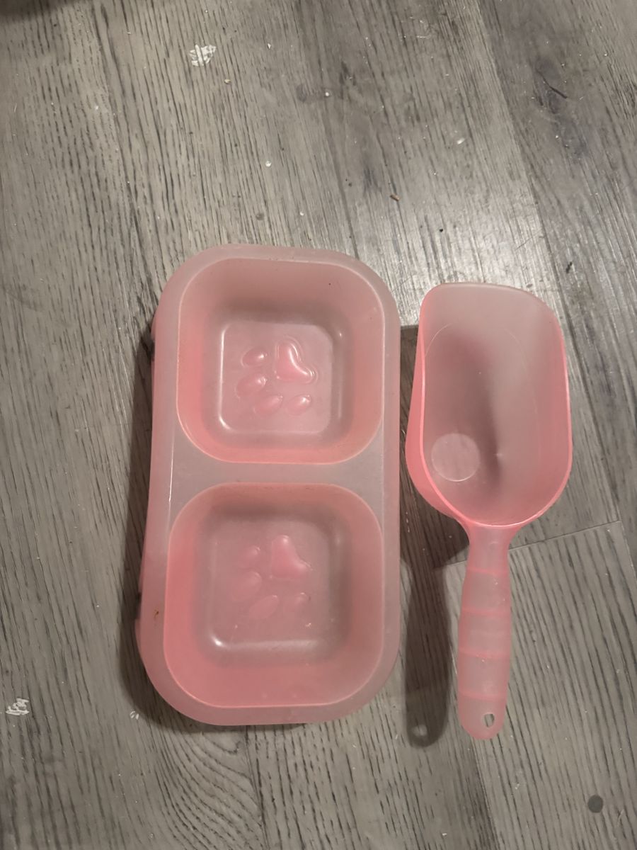 Pink Pet Food/Water Bowl with Scoop - Double Feeder for Cats & Small Dogs