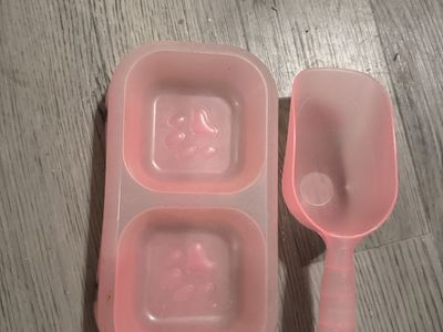 Pink Pet Food/Water Bowl with Scoop - Double Feeder for Cats & Small Dogs