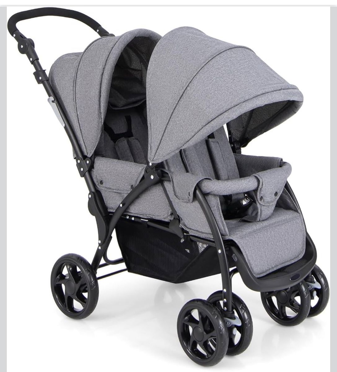 Double Tandem Stroller in Gray with Adjustable Canopies and Storage Basket