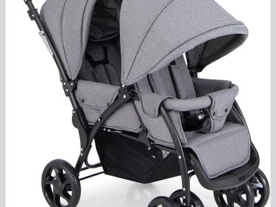 Double Tandem Stroller in Gray with Adjustable Canopies and Storage Basket