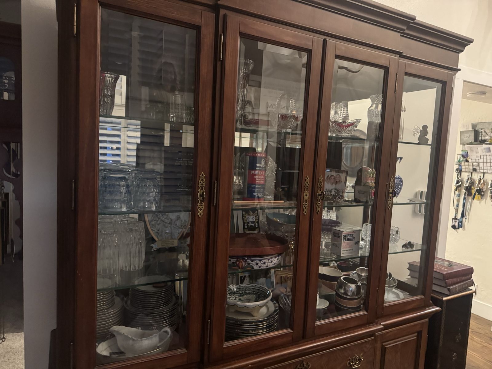 Large Wood China Cabinet with Glass Doors and Storage Drawers