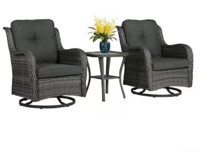 Dreamsidea 3Pc Outdoor Chair Set Rattan Gray Wicker Swivel