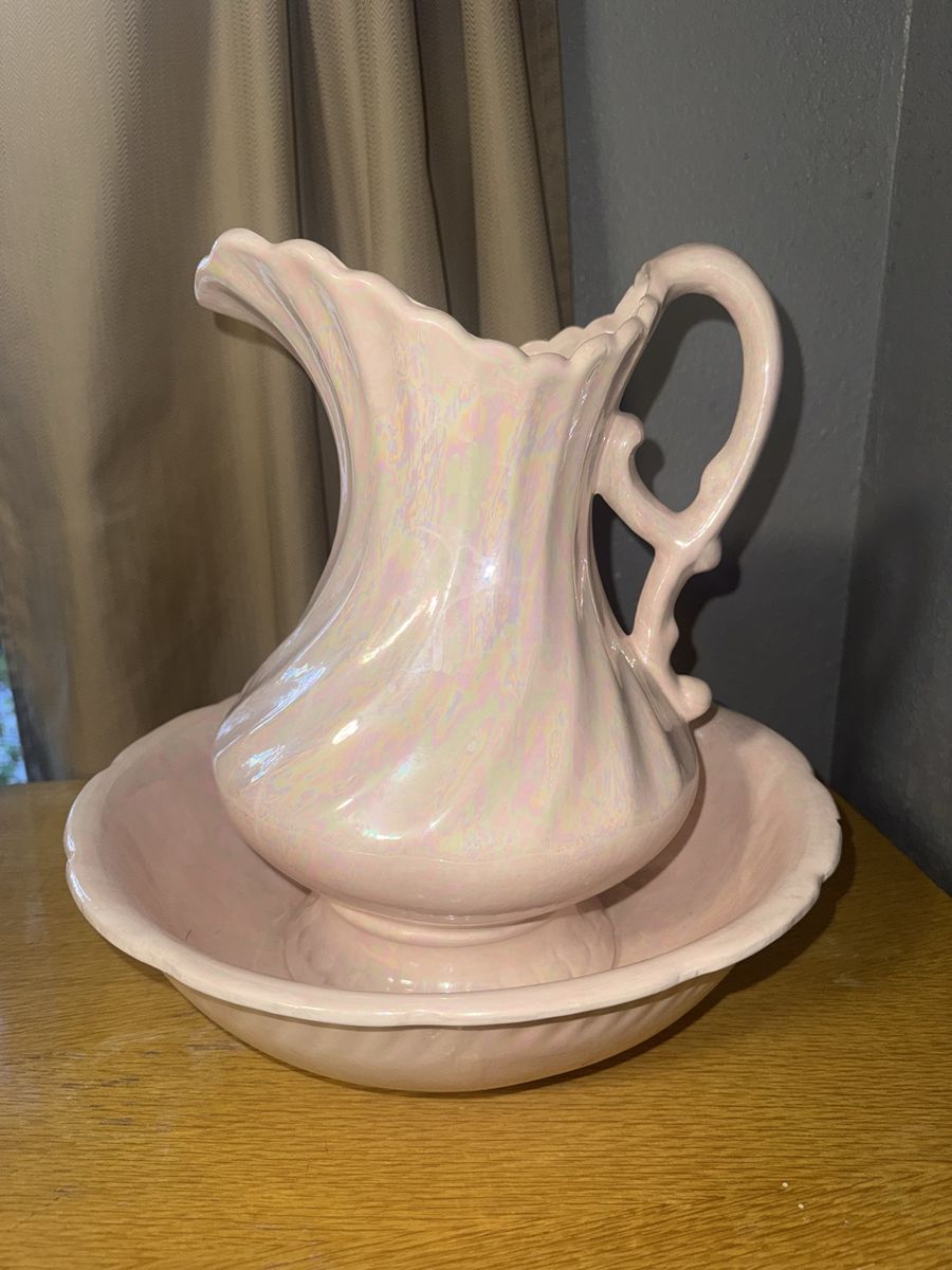 Vintage Pink Iridescent Ceramic Wash Basin and Pitcher Set