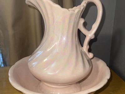 Vintage Pink Iridescent Ceramic Wash Basin and Pitcher Set