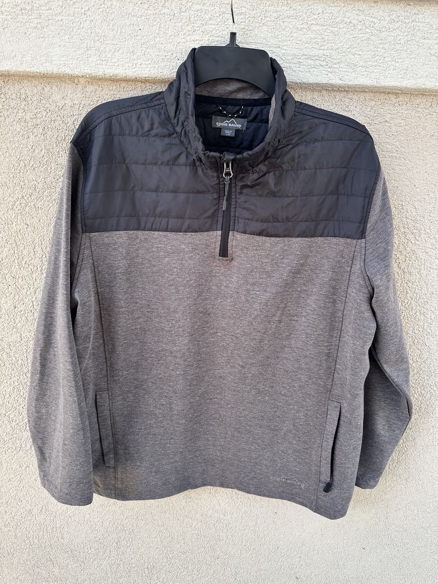 Eddie Bauer Men's  Gray Quarter-Zip Quilted Yoke Pullover Jacket