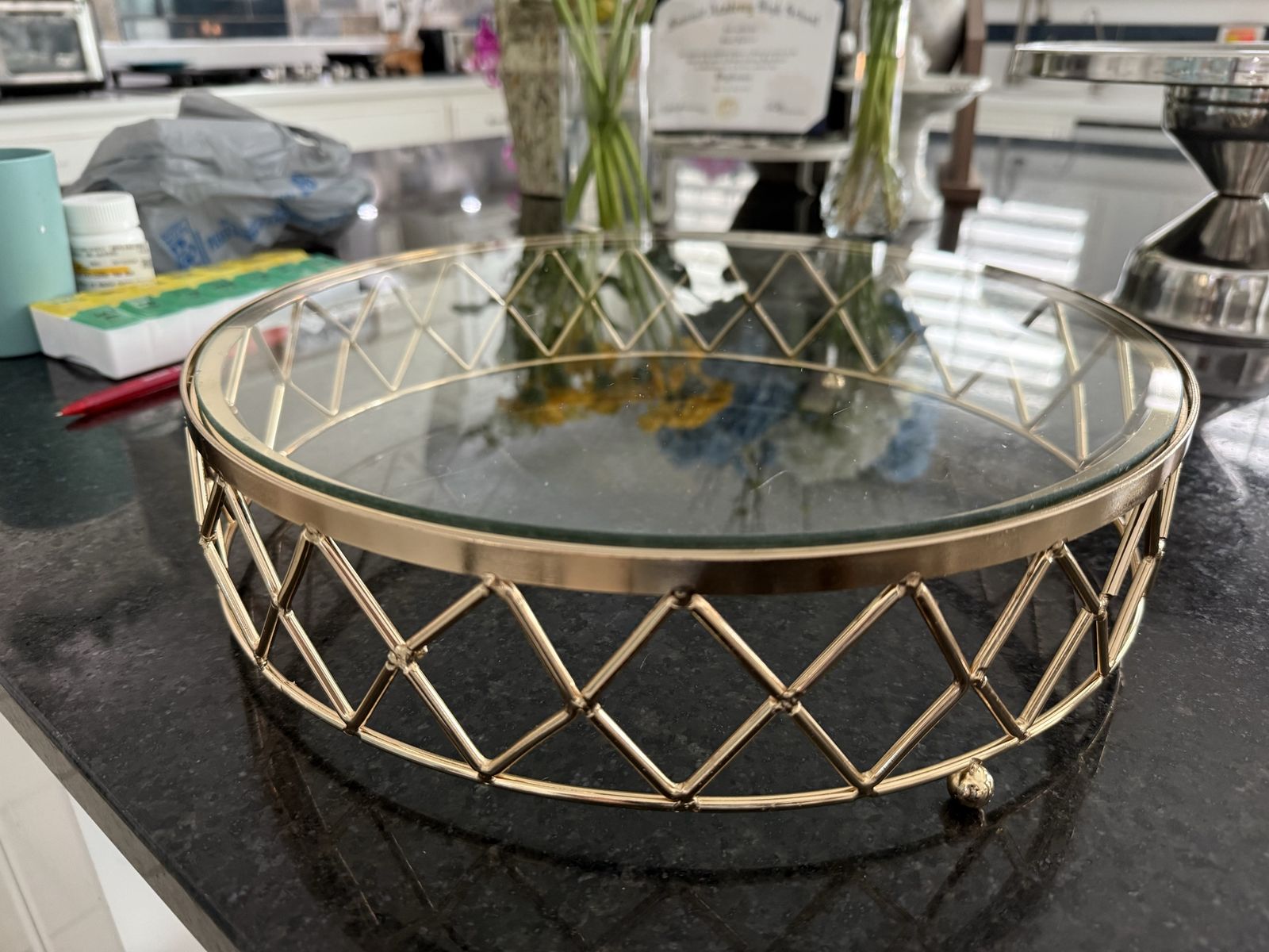 14” Round Gold Metal Cake Stand with Glass Top
