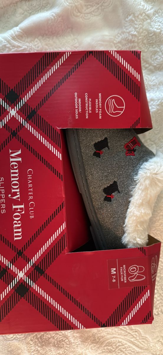 Charter Club Memory Foam Slippers M 7-8 Gray Scottie Dog Indoor Outdoor Faux Fur