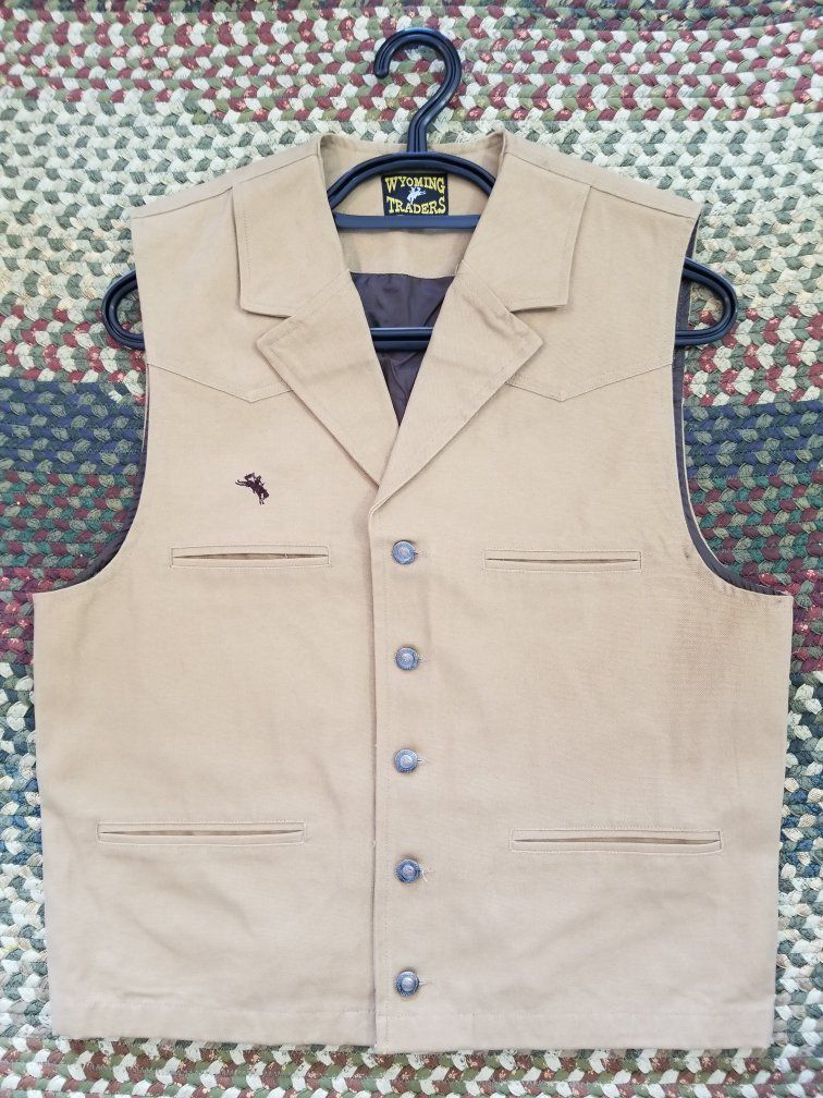 Wyoming Traders Men's Khaki Tan Western Vest with Bucking Bronco Embroidery - Size Large