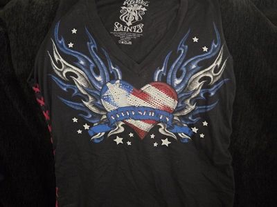 Rebel Saints Women's Black Sleeveless Top Graphic Wings Heart Lace-Up Size Large