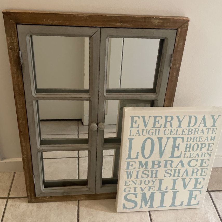 Windowpane Wood Mirror and Canvas Word Wall Art