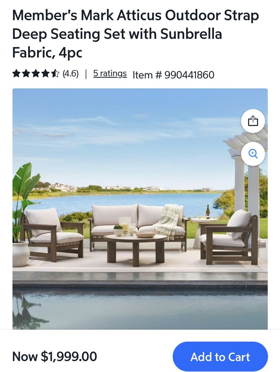 Member's Mark Atticus Outdoor 4pc Deep Seating Set w/ Sunbrella Fabric