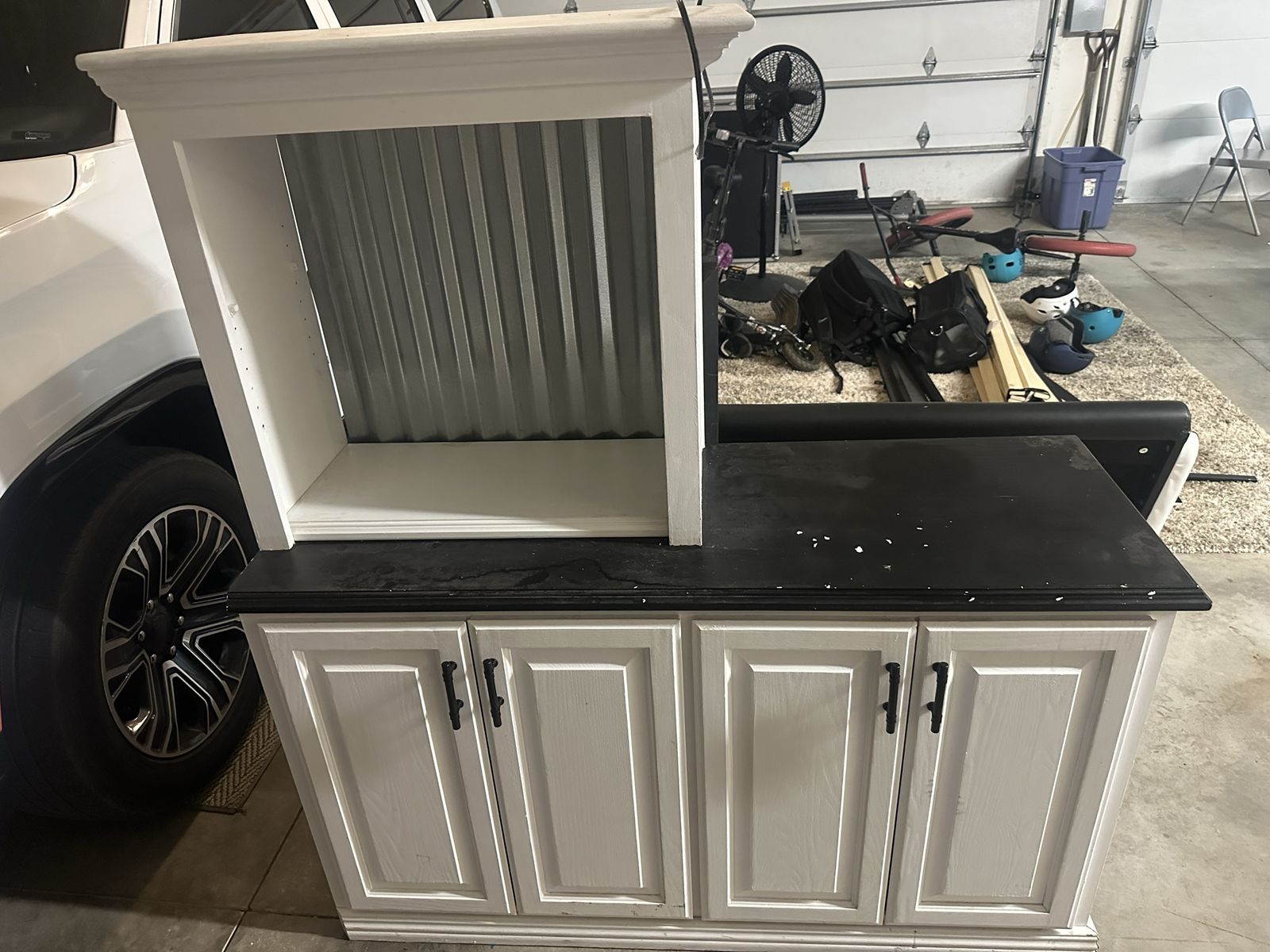 White and Black Buffet with Hutch and Corrugated Metal Backing
