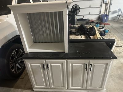 White and Black Buffet with Hutch and Corrugated Metal Backing